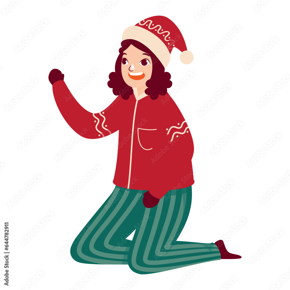 Wall mural Cartoon Happiness Girl Wearing Woolen Clothes In Sitting Pose.