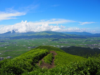Fototapeta premium The Five Peaks of Aso, as seen from Daikanbo, are said to resemble a Buddha lying down