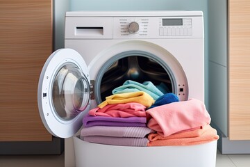 Laundry room interior with washing machine and pile of colorful clothes