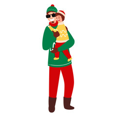 Cheerful Man Holding His Son In Standing Pose.