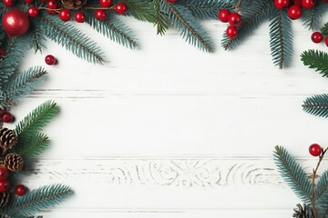 Fototapeta na wymiar Christmas frame made of fir branches, red berries. Christmas wallpaper. Flat lay, top view, copy space. generative ai. 