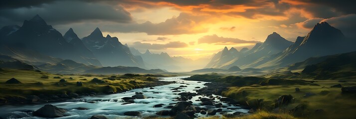 A serene landscape unfolds with a stony river cutting through misty mountains. The setting sun's golden light touches the scene, enveloping greenery and trees in a tranquil ambiance.