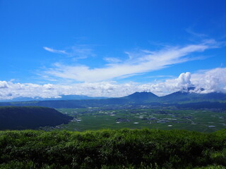 The Five Peaks of Aso, as seen from Daikanbo, are said to resemble a Buddha lying down