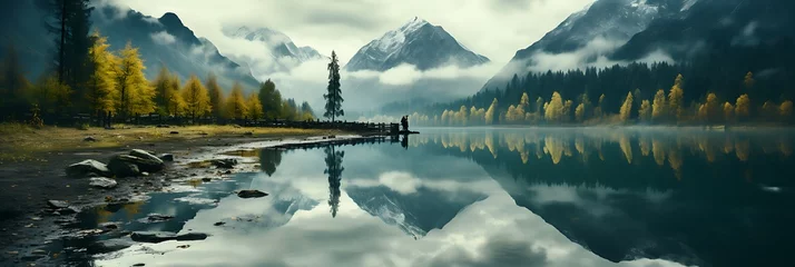 Muurstickers A tranquil lake nestles amidst a green landscape, surrounded by a forest of trees and snow-capped mountains shrouded in mist. The scene is one of serene beauty, with a sense of mystery and enchantment © Alexander