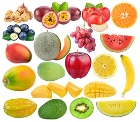 fig; passionfruits; nectarine; Blueberry; grape; melon; orange; watermelon; mango; apple; lemon; jackfruit; papaya, banana, on transparent png