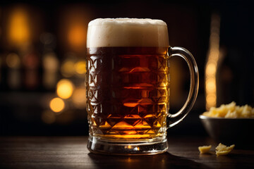 Beer mug on dark background. Commercial promotional photo