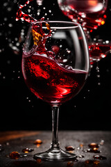 Red wine splashing in glass  on black background. Commercial promotional photo
