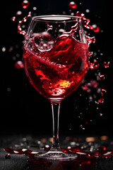 Red wine splashing in glass  on black background. Commercial promotional photo