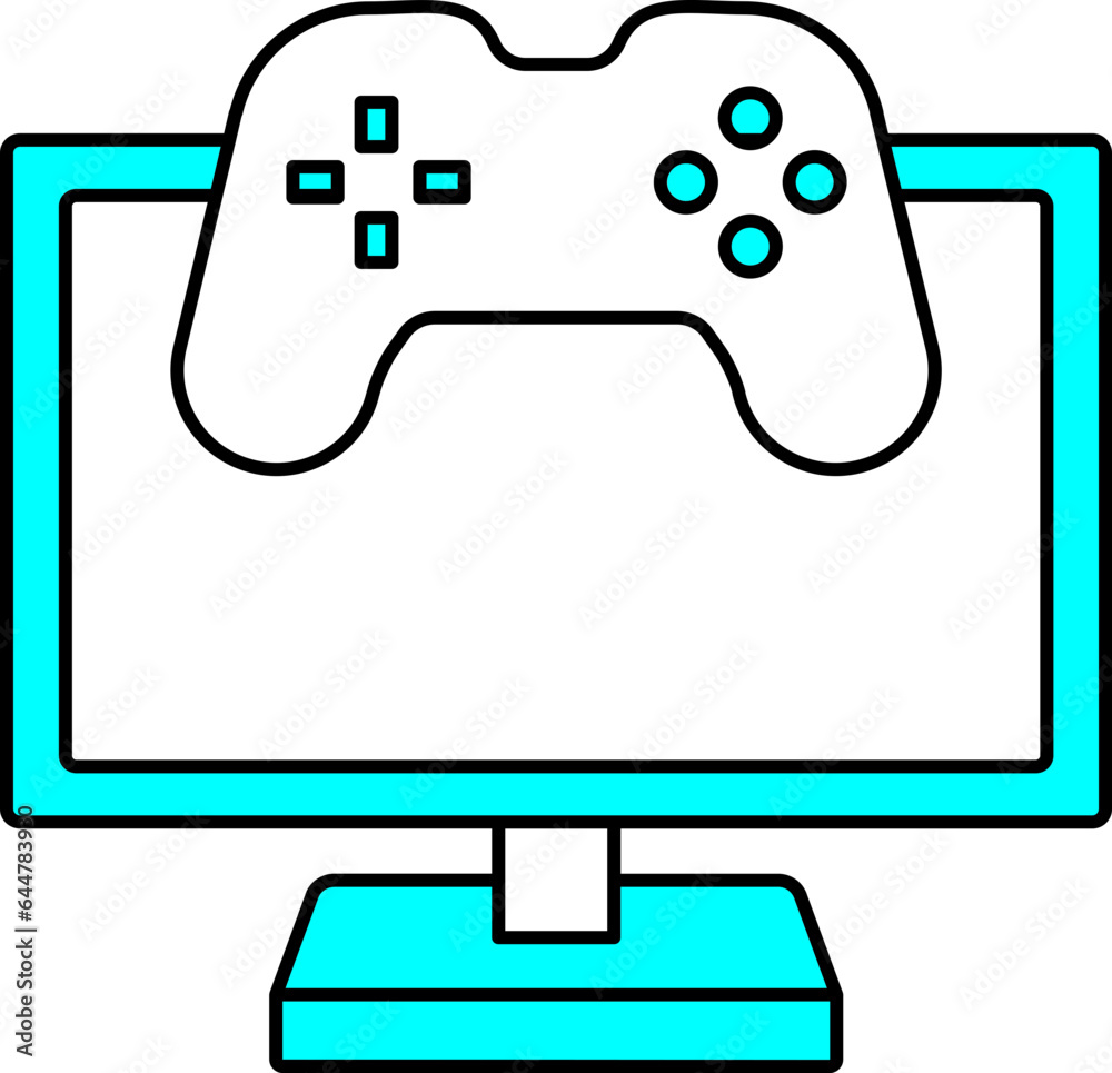 Sticker Computer With Video Game Icon Or Symbol In Cyan And White Color.