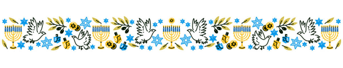 Happy Hanukkah banner. Flat vector illustration. Hanukkah religion holiday background with holiday symbols