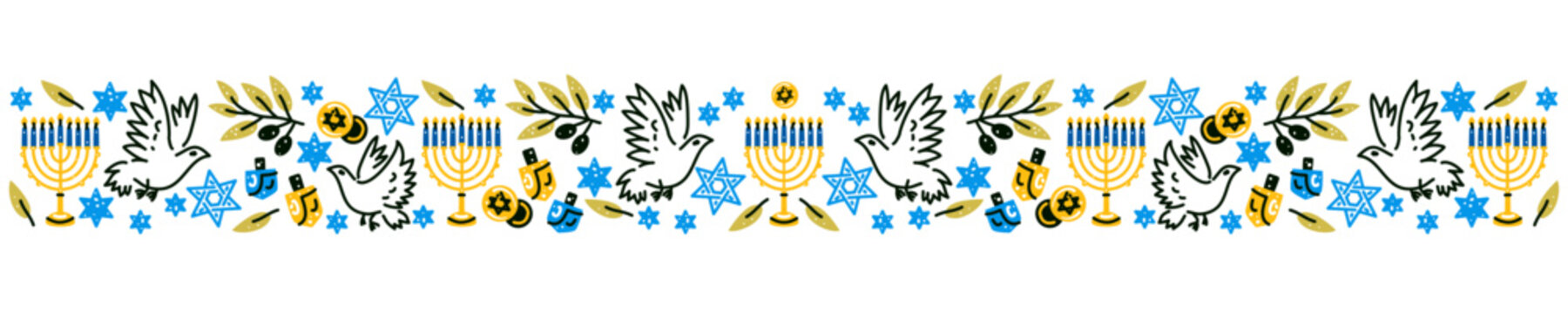 Happy Hanukkah banner. Flat vector illustration. Hanukkah religion holiday background with holiday symbols