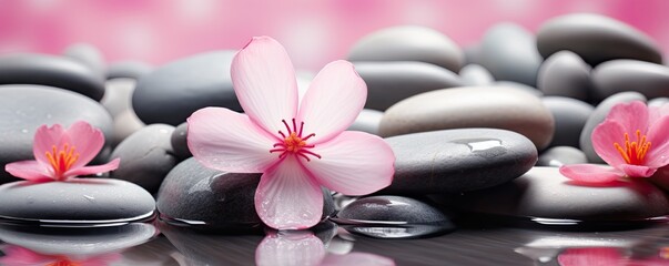 Obraz na płótnie Canvas spa and wellness wallpaper with pink flower and stones illustration