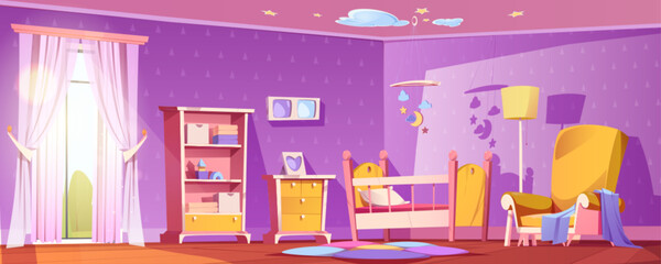 Nursery baby room interior with child bed and toy furniture. Childish bedroom for sleep cartoon background. House indoor illustration with purple wall and newborn crib. Yellow armchair near cradle