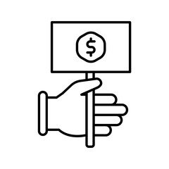 Hand holding money flag icon in line art.