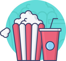 Popcorn With Cold Drink Icon Blue Background. 