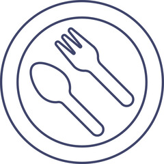 Fork with Spoon On Plate Icon In Blue Outline.