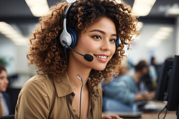 Customer service representative with curly hair talking through headset - obrazy, fototapety, plakaty