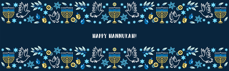 Happy Hanukkah banner. Flat vector illustration. Hanukkah religion holiday background with holiday symbols - 644785301
