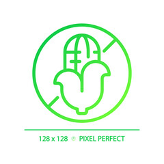 2D pixel perfect gradient corn free icon, isolated vector, thin line green illustration representing allergen free.