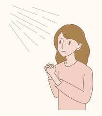 Fototapeta na wymiar Faithful woman praying, wishing for good things. Religious girl keeping hands in prayer in church. Hand drawn flat cartoon character vector illustration.