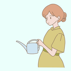 Woman holding watering can, growing plants. Hand drawn flat cartoon character vector illustration.