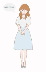 Graceful woman gesturing polite. Business worker standing, smiling with warm welcome, holding hands. Hand drawn flat cartoon character vector illustration.