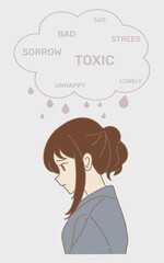 Woman overthinking, suffering from obsessive thoughts, problem. Raindrop and cloud with word, toxic, sorrow, bad,sad, stress, lonely, unhappy. Hand drawn flat cartoon character vector illustration.
