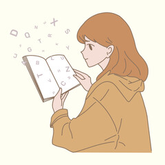 Student reading opened book with letters flying into the pages. Hand drawn flat cartoon character vector illustration.