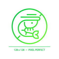 2D pixel perfect gradient shrimp free icon, isolated vector, thin line green illustration representing allergen free.
