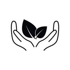 hand holds leaves  - black vector icon eco icon protection care  nature organic sign 