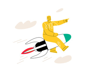 Man sits on a Flying Rocket. A successful startup, a man on the way to a goal. Colorful vector illustration