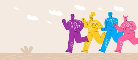 Diverse people running to success in competition. Concept of business and career challenge. Colorful vector illustration