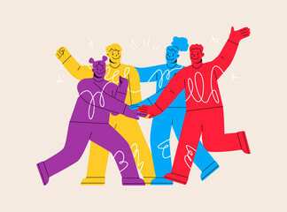 Happy diverse man and woman friends putting hands together. Support and cooperation concept. Colorful vector illustration
