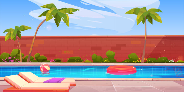 House backyard with swimming pool vector illustration. Villa poolside for summer vacation with chair, fence, palm tree, inflatable ball and lifebuoy. Outdoor tropical resort area environment