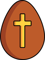 Cross symbol on egg icon in brown and yellow color.