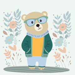 bear with glasses character on plant background vector