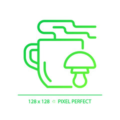 2D pixel perfect gradient mushroom tea icon, isolated vector, thin line green illustration representing allergen free.