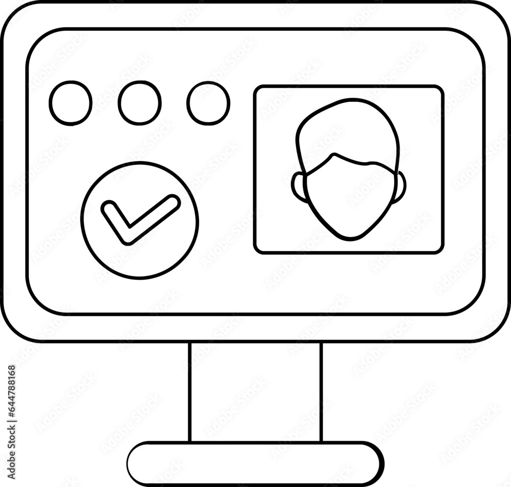 Poster apply or confirm man face password in monitor screen line art icon.