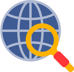Globe with Magnifying glass icon in blue and orange color.