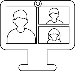 Online Video Conference Boys and Girls in Monitor Screen line art icon.