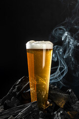 a glass of fresh beer on coals with smoke, vertical image. place for text