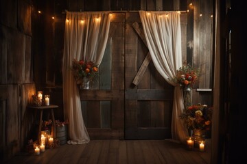 A rustic barn door decorated with flowers, candles, and curtains, illuminated by lights with a window in the backdrop. Generative AI