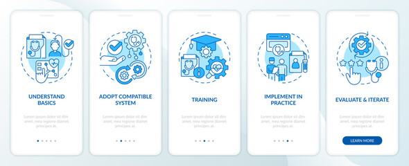 2D blue icons representing health interoperability resources mobile app screen set. Walkthrough 5 steps graphic instructions with line icons concept, UI, UX, GUI template.