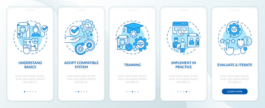 2D blue icons representing health interoperability resources mobile app screen set. Walkthrough 5 steps graphic instructions with line icons concept, UI, UX, GUI template.
