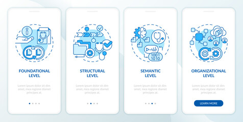 2D icons representing health interoperability resources mobile app screen set. Walkthrough 4 steps blue graphic instructions with line icons concept, UI, UX, GUI template. - obrazy, fototapety, plakaty