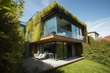 Fototapeta na wymiar Eco-friendly house features solar panels and a green wall. Generative AI