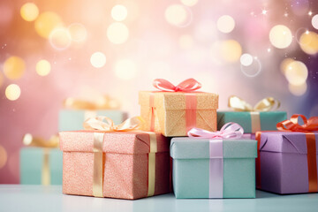 Fototapeta premium border of pastel color Christmas presents with a magical bokeh background