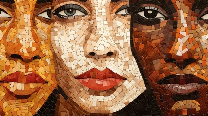 Human Mosaics: Mosaic pieces of various skin tones forming faces, promoting diversity
