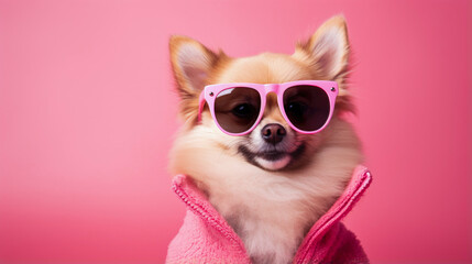 Fototapeta na wymiar Adorable dog in a pink Barbie costume