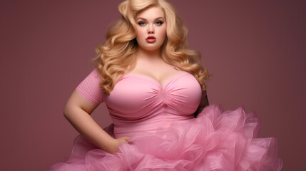Obraz na płótnie Canvas Radiant plus-size lady rocking pink Barbie-style fashion with confidence
